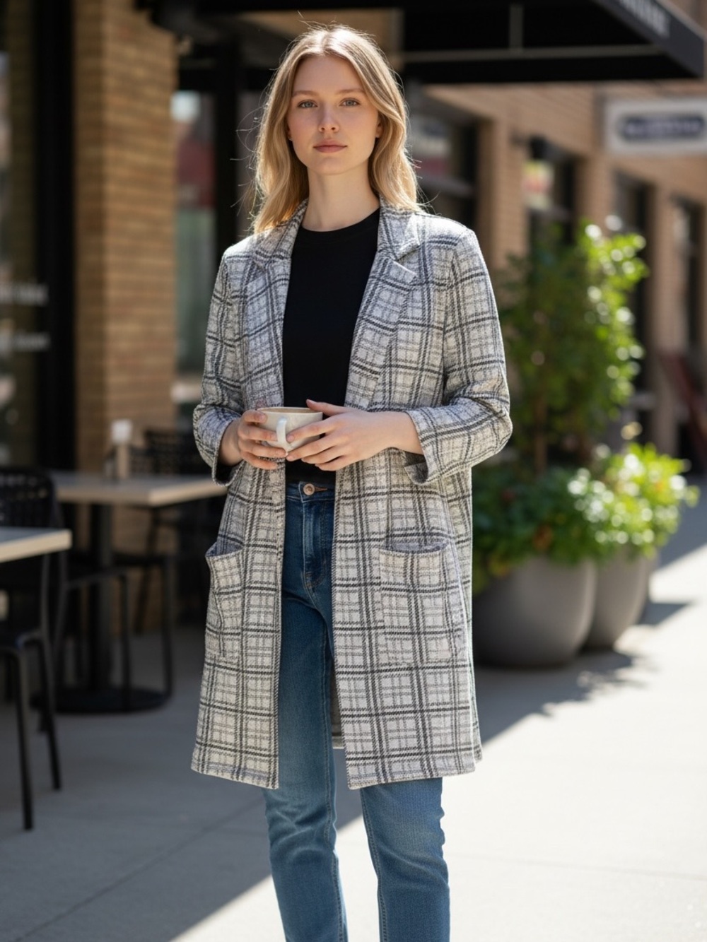 MELLODAY White and Black Plaid Open-Front Blazer